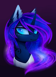 Size: 1600x2200 | Tagged: safe, artist:magnaluna, princess luna, alicorn, pony, g4, beautiful, color porn, colored pupils, curved horn, ear fluff, ethereal mane, female, galaxy mane, horn, looking at you, mare, missing accessory, peytral, simple background, smiling, solo, starry mane, wingding eyes