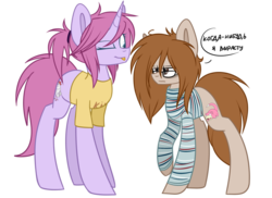 Size: 1024x746 | Tagged: safe, artist:despotshy, oc, oc only, oc:kissel, oc:vadim, earth pony, pony, slowpoke (pokémon), unicorn, clothes, female, mare, one eye closed, pokémon, russian, shirt, sweater, tongue out, wink