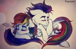 Size: 775x500 | Tagged: safe, artist:dagnesmoon, rainbow dash, soarin', pegasus, pony, g4, cuddling, male, pony pillow, ship:soarindash, shipping, sleeping, snuggling, straight