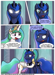 Size: 1400x1900 | Tagged: safe, artist:moemneop, princess celestia, princess luna, pony, comic:shifting changelings lies and truths, g4, comic, glowing eyes, hug, royal sisters