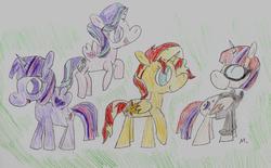 Size: 2601x1617 | Tagged: safe, artist:ptitemouette, moondancer, starlight glimmer, sunset shimmer, twilight sparkle, alicorn, pony, g4, alicornified, counterparts, eyes closed, flying, moondancercorn, open mouth, princess, race swap, raised hoof, shimmercorn, smiling, spread wings, starlicorn, traditional art, twilight sparkle (alicorn), twilight's counterparts