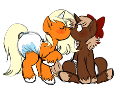 Size: 780x584 | Tagged: safe, artist:sheepypeepy, oc, oc only, oc:dreamsicle, oc:pembroke, pony, unicorn, blushing, bow, cute, diaper, diaper fetish, female, hair bow, kissing, lesbian, mare, non-baby in diaper, oc x oc, poofy diaper, shipping, unshorn fetlocks