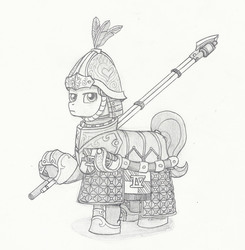 Size: 1856x1896 | Tagged: safe, artist:sensko, oc, oc only, earth pony, pony, armor, grayscale, monochrome, pencil drawing, pike, saber, simple background, solo, traditional art, twilight's royal guard, weapon, white background