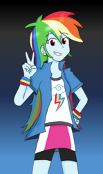 Size: 772x1296 | Tagged: safe, artist:epsilon-chedi, rainbow dash, equestria girls, g4, clothes, compression shorts, cute, female, gradient background, looking at you, peace sign, smiling, solo, wristband