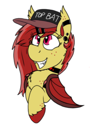 Size: 960x1280 | Tagged: safe, artist:php62, oc, oc only, oc:ruby splash, bat pony, pony, cap, chest fluff, choker, ear piercing, earring, freckles, grin, hairclip, hat, jewelry, looking up, piercing, smiling, solo, top bat, top gun hat, unshorn fetlocks