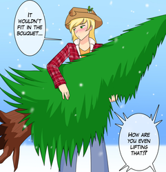 Size: 1280x1330 | Tagged: safe, artist:jonfawkes, applejack, human, g4, amazonian lift, blushing, christmas, clothes, commission, cowboy hat, dialogue, female, hat, holiday, humanized, mistletoe, offscreen character, pants, patreon, pine tree, snow, solo, speech bubble, stetson, super strength, tree