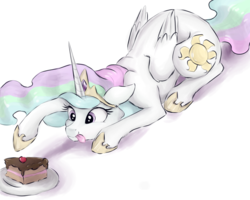 Size: 1500x1200 | Tagged: safe, artist:buttersprinkle, princess celestia, alicorn, pony, g4, :p, behaving like a cat, cake, cakelestia, catlestia, cute, cutelestia, eyes on the prize, female, floppy ears, food, hunting, mare, plate, prone, sillestia, silly, silly pony, simple background, smiling, solo, tongue out, white background