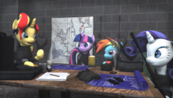 Size: 1920x1080 | Tagged: safe, artist:fd-daylight, rainbow dash, rarity, sunset shimmer, twilight sparkle, alicorn, pony, g4, 3d, clothes, crossover, gta v, gun, map, open mouth, rockstar games, source filmmaker, twilight sparkle (alicorn), weapon