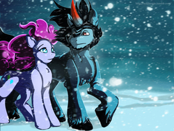 Size: 4000x3000 | Tagged: safe, artist:tai-l-rodriguez, king sombra, pinkie pie, g4, chest fluff, lidded eyes, looking at each other, raised hoof, snow, snowfall