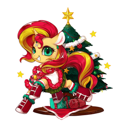 Size: 780x780 | Tagged: safe, artist:ciciya, sunset shimmer, pony, unicorn, g4, boots, christmas tree, cloak, clothes, cute, female, grin, hoof boots, plaid, pleated skirt, present, simple background, skirt, smiling, socks, solo, striped socks, tree, watermark