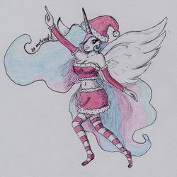 Size: 1200x1198 | Tagged: safe, artist:marta4708, princess celestia, anthro, plantigrade anthro, g4, belly button, breasts, cleavage, clothes, costume, female, hat, midriff, santa costume, santa hat, skirt, socks, solo, thigh highs, traditional art, tube top, zettai ryouiki