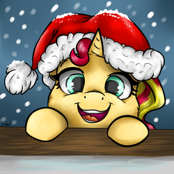 Size: 3024x3024 | Tagged: safe, artist:gaelledragons, sunset shimmer, pony, g4, cute, female, hat, high res, looking at you, open mouth, santa hat, shimmerbetes, signature, snow, snowfall, solo