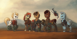 Size: 1600x824 | Tagged: safe, artist:asimos, oc, oc only, earth pony, pegasus, pony, unicorn, fallout equestria, armor, commission, group, gun, signature, wasteland, weapon