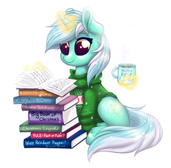 Size: 1735x1702 | Tagged: safe, artist:confetticakez, lyra heartstrings, pony, unicorn, g4, book, clothes, coffee, cute, female, lyrabetes, magic, pumkinroll is trying to murder us, reading, simple background, solo, sweater, that pony sure does love humans, white background