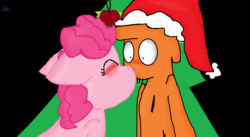 Size: 903x495 | Tagged: safe, artist:sansisk, pinkie pie, g4, blushing, blushing profusely, bonding, boyfriend and girlfriend, christmas, crossover, crossover shipping, cute, daaaaaaaaaaaw, diapinkes, duo, embarrassed, eyes closed, female, hat, having a moment, heartwarming, how romantic, interspecies, kiss on the lips, kissing, love, making out, male, missing accessory, missing hat, mistletoe, pinker, romantic, santa hat, shipping, straight, suddenly a couple, surprise kiss, sweet dreams fuel, together forever, wander (wander over yonder), wander over yonder, wide eyes