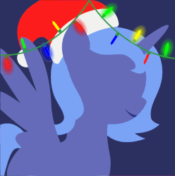 Size: 795x800 | Tagged: safe, artist:arifproject, edit, part of a set, princess luna, alicorn, pony, g4, animated, arif's christmas pones, beautiful, blank flank, blue background, christmas lights, cute, derpibooru background pony icon, female, filly, foal, garland, gif, happy, hat, horn, lights, lineless, minimalist, s1 luna, santa hat, santa woona, simple background, smiling, solo, spread wings, wings, woona, younger