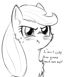 Size: 1000x1200 | Tagged: safe, artist:yakoshi, applejack, earth pony, pony, g4, black and white, blatant lies, chest fluff, cute, female, grayscale, hatless, i'm not cute, jackabetes, missing accessory, monochrome, puffy cheeks, solo