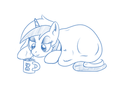 Size: 1000x700 | Tagged: safe, artist:yakoshi, minuette, pony, g4, blanket, chocolate, female, food, hot chocolate, solo