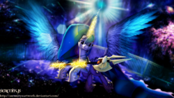 Size: 3840x2160 | Tagged: safe, artist:serenitysartwork, princess celestia, pony, g4, 3d, female, fence, high res, lance, large wings, magic, night, polearm, signature, solo, source filmmaker, weapon, wings