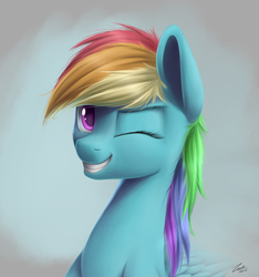 Size: 2984x3188 | Tagged: safe, artist:deltauraart, rainbow dash, pony, g4, female, gradient background, grin, high res, one eye closed, smiling, solo, wink