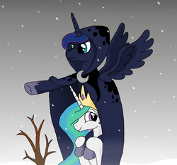 Size: 556x520 | Tagged: safe, artist:manulis, princess celestia, princess luna, spirit of hearth's warming yet to come, alicorn, pony, a hearth's warming tail, g4, angry, cloak, clothes, duo, female, frown, glare, jewelry, luna riding celestia, mare, outdoors, piggyback ride, pointing, ponies riding ponies, regalia, riding, smiling, snow, snowfall, spread wings, tree, underhoof, winter