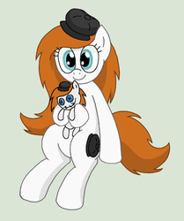 Size: 525x628 | Tagged: safe, artist:manulis, oc, oc only, oc:bereta, earth pony, pony, beret, female, gray background, hat, mare, plushie, simple background, sitting, smiling, solo