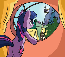 Size: 530x467 | Tagged: safe, artist:manulis, twilight sparkle, pony, unicorn, g4, bipedal, canterlot, curtains, female, golden oaks library, homesick, looking away, looking up, mare, ponyville, sad, solo, window