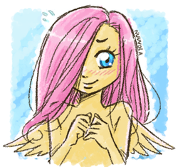 Size: 400x376 | Tagged: safe, artist:nuvvola, fluttershy, human, g4, blushing, bust, female, hair over one eye, humanized, looking away, portrait, smiling, solo, winged humanization