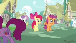 Size: 445x250 | Tagged: safe, screencap, apple bloom, berry punch, berryshine, cheerilee, lemon hearts, lightning bolt, scootaloo, sweetie belle, white lightning, pegasus, pony, g4, hearts and hooves day (episode), animated, apple, cutie mark crusaders, female, food, gif, hearts and hooves day, mare, the perfect stallion