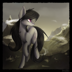 Size: 800x800 | Tagged: safe, artist:petrinox, octavia melody, earth pony, pony, g4, cloud, female, looking back, missing accessory, mountain, scenery, solo