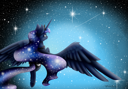 Size: 1024x718 | Tagged: dead source, safe, artist:themagicfantasy, princess luna, alicorn, pony, g4, female, night, night sky, solo, starry night, stars