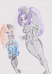 Size: 2084x2987 | Tagged: safe, artist:elgatosabio, adagio dazzle, aria blaze, sonata dusk, equestria girls, g4, beret, blushing, clothes, female, finger snap, fingerless gloves, glasses, gloves, high res, simple background, the dazzlings, traditional art, trio