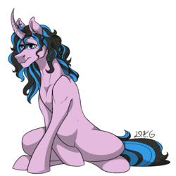 Size: 1600x1600 | Tagged: safe, artist:dragonfoxgirl, oc, oc only, pony, unicorn, curved horn, horn, loose hair, sitting, solo