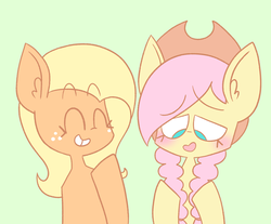Size: 1423x1179 | Tagged: safe, artist:typhwosion, applejack, fluttershy, pony, g4, accessory swap, alternate hairstyle, blushing, duo, eyes closed, mane swap, simple background