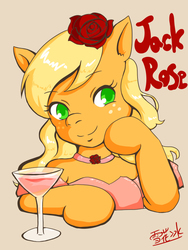Size: 600x800 | Tagged: safe, artist:snowyice, applejack, earth pony, semi-anthro, g4, choker, clothes, dress, drink, female, flower, flower in hair, looking at you, rose, smiling, solo
