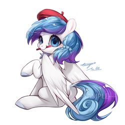 Size: 780x780 | Tagged: safe, artist:ciciya, oc, oc only, pegasus, pony, beret, looking at you, mouth hold, paintbrush, raised hoof, simple background, sitting, smiling, solo, spread wings, watermark, white background