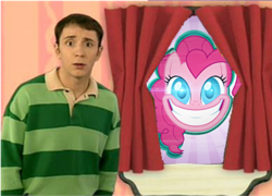 Size: 378x272 | Tagged: safe, edit, pinkie pie, earth pony, human, pony, smile hd, g4, blue's clues, childhood ruined, clothes, crossover, green shirt, irl, irl human, moments before disaster, photo, shirt, steve (blue's clues), steve burns, striped shirt, this will end in death, this will end in pain, this will end in pain and/or death, this will end in pain and/or tears and/or death, this will end in tears, this will not end well, window