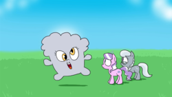 Size: 1366x768 | Tagged: safe, artist:doublewbrothers, derpy hooves, diamond tiara, silver spoon, pegasus, pony, g4, animated at source, creative solution, female, happy, mare, morphing, muffin, open mouth, that pony sure does love muffins, wat
