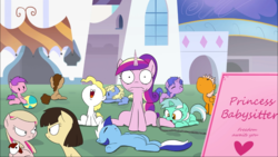 Size: 1366x768 | Tagged: safe, artist:doublewbrothers, lyra heartstrings, minuette, princess cadance, surprise, wild fire, oc, oc:fausticorn, alicorn, pony, g4, :o, alicorn oc, angry, animated at source, babysitting, ball, chains, eyes closed, female, filly, filly lyra, frown, looking at each other, looking up, meghan mccarthy, on back, open mouth, plushie, prone, sibsy, sitting, smiling, thought crimes, underhoof, wavy mouth, wide eyes