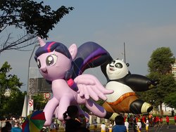 Size: 1440x1080 | Tagged: safe, twilight sparkle, alicorn, pony, g4, balloon, chile, giant pony, irl, kung fu panda, macro, master po, parade, parade balloon, paris parade, photo, twilight sparkle (alicorn)