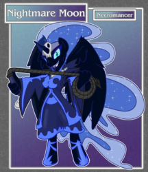 Size: 1688x1950 | Tagged: safe, artist:brownie-bytes, nightmare moon, anthro, unguligrade anthro, g4, crossover, evil grin, female, final fantasy, grin, looking at you, necromancer, smiling, solo, spread wings, whip