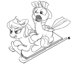Size: 1280x1167 | Tagged: safe, artist:pabbley, rainbow dash, twilight sparkle, alicorn, pony, g4, grin, monochrome, open mouth, scared, simple background, sled, sledding, smiling, twilight sparkle (alicorn), white background