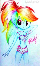 Size: 1271x2048 | Tagged: safe, artist:liaaqila, rainbow dash, equestria girls, g4, adorasexy, belly button, bikini, bra, breasts, cleavage, clothes, cute, female, midriff, ponytail, ribbon, sexy, solo, swimsuit, traditional art