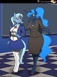 Size: 1696x2284 | Tagged: safe, artist:hobbsmeerkat, princess luna, trixie, alicorn, unicorn, anthro, unguligrade anthro, art pack:lesson learned, g4, alternate hairstyle, blushing, chalkboard, clothes, duo, duo female, explicit source, eye contact, female, lidded eyes, looking at each other, looking back, open mouth, skirt, socks, thigh highs