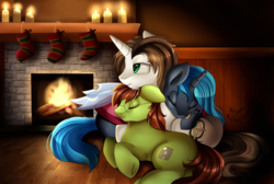 Size: 2717x1824 | Tagged: safe, artist:pridark, oc, oc only, oc:analogue, oc:light landstrider, oc:rescue pony, changeling, changeling queen, earth pony, pony, unicorn, blue changeling, candle, changeling oc, changeling queen oc, christmas stocking, commission, eyes closed, female, fire, fireplace, pony pillow, signature, sleeping, underhoof