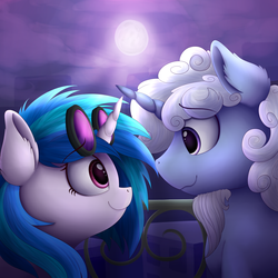 Size: 4200x4200 | Tagged: safe, artist:vanillaghosties, dj pon-3, star swirl the bearded, vinyl scratch, pony, unicorn, g4, absurd resolution, duo, ear fluff, female, full moon, goatee, looking at each other, male, mare, moon, rainbow rocks star swirl, shipping, sky, smiling, stallion, straight, sunglasses, vinylswirl