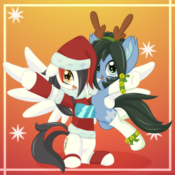 Size: 1280x1280 | Tagged: safe, artist:an-m, artist:konce11, oc, oc only, oc:reflect decrypt, oc:reidy, earth pony, pegasus, pony, bells, christmas, christmas stocking, clothes, glasses, looking at you, socks
