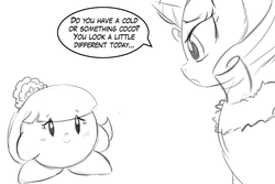 Size: 1125x750 | Tagged: safe, artist:lumineko, coco pommel, rarity, puffball, g4, crossover, dialogue, duo, duo female, female, implied vore, kirby, kirby (series), monochrome, sketch