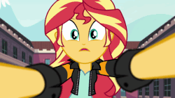 Size: 533x300 | Tagged: safe, screencap, sunset shimmer, equestria girls, g4, my little pony equestria girls: friendship games, animated, female, frown, gif, gritted teeth, looking at you, open mouth, perspective, solo, talking, wide eyes