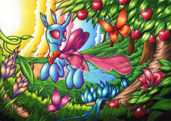 Size: 1675x1183 | Tagged: safe, artist:jacquibim, butterfly, changedling, changeling, g4, season 6, to where and back again, apple, cloud, cottagecore, cute, cuteling, flower, flying, food, open mouth, smiling, solo, sun, traditional art